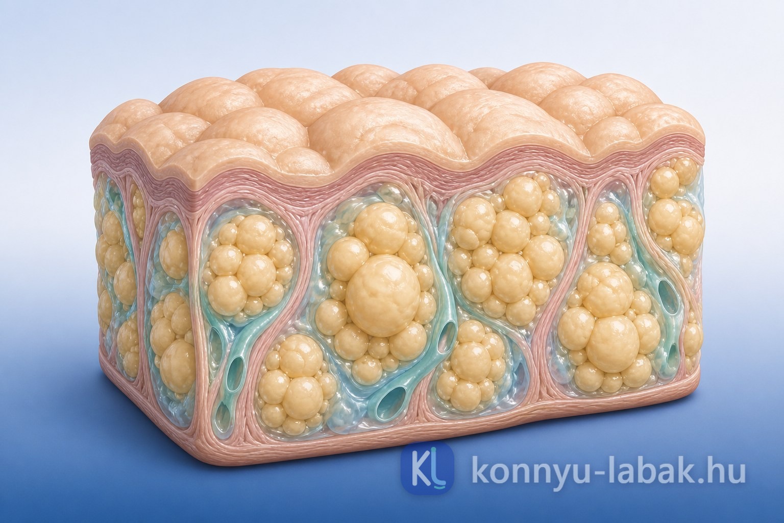 Lipolymphoedemát szemléltető 3D szövetmetszet megnagyobbodott zsírszöveti csomókkal és folyadékkal telt nyirokterekkel