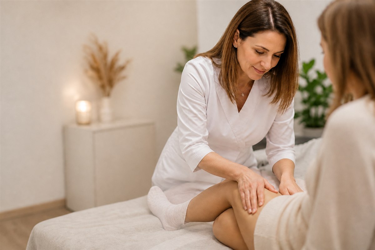 Terapeuta manuális nyirokdrenázst végez egy vendég lábán
