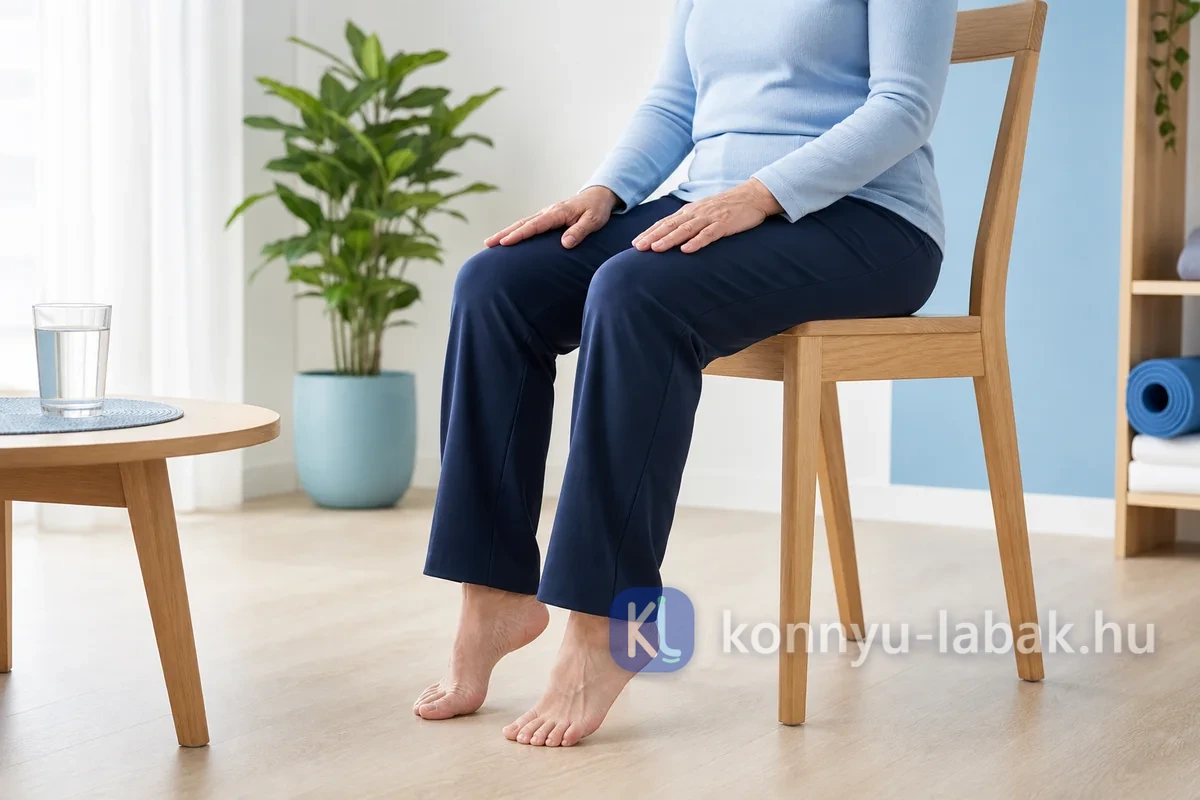 Széken ülő nő kíméletes lábfej- és vénáspumpa-gyakorlat közben